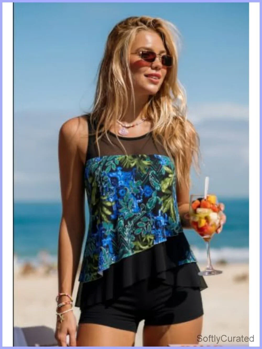 Ruffle Mesh Tankini Swimsuit with Tummy Control Shorts